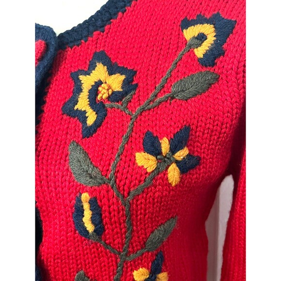 Vtg THE VILLAGER 100% Worsted Wool Sweater Women's S Petite Red Hand Embroidered - Picture 6 of 9